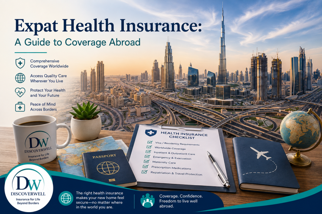 Promotional banner for expat health insurance: skyline, travel items (passport, world globe), checklist, mug reading 'Discover Well' on a desk.
