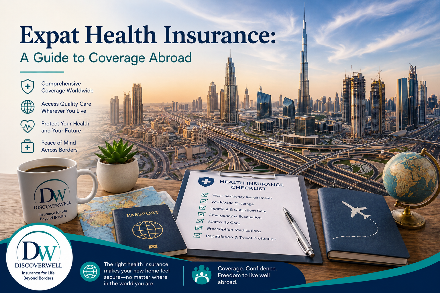 Promotional banner for expat health insurance: skyline, travel items (passport, world globe), checklist, mug reading 'Discover Well' on a desk.