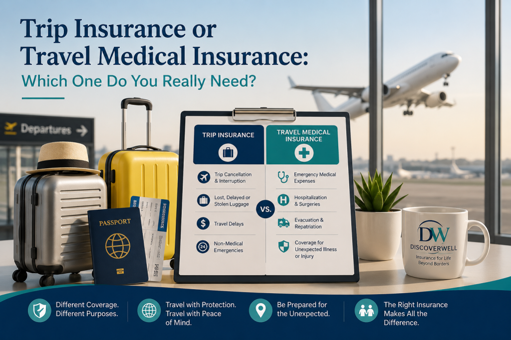 Airport scene with suitcases, passport, and a display board comparing Trip Insurance vs Travel Medical Insurance.