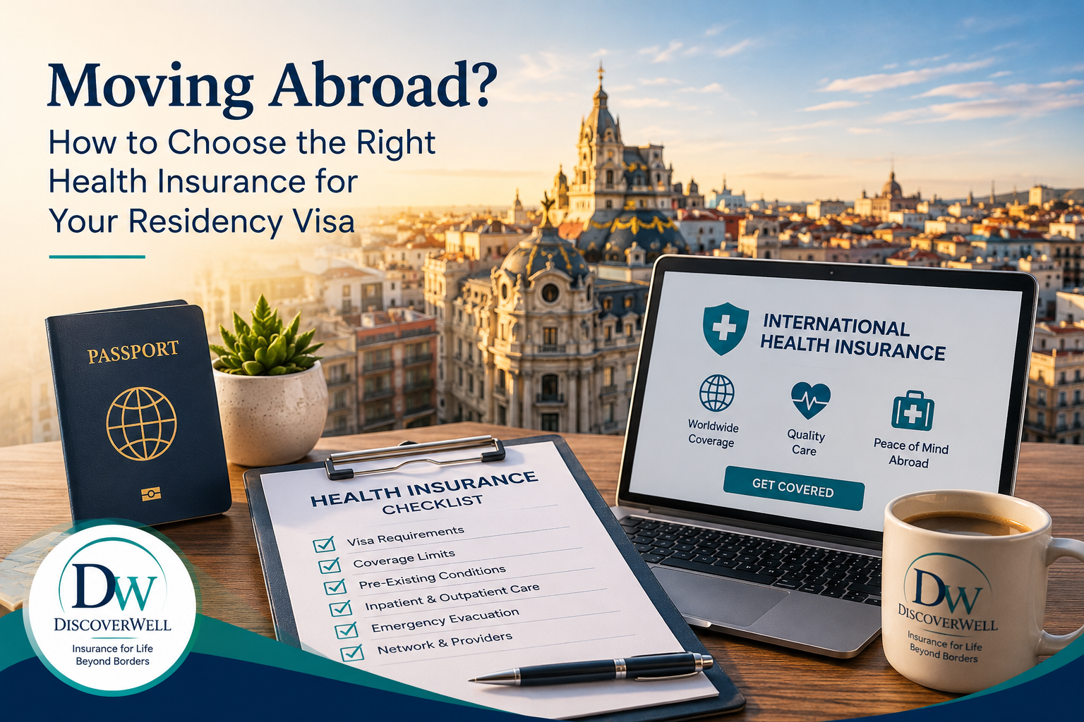 Travel insurance planning scene: passport, checklist, laptop displaying International Health Insurance, and DiscoverWell mug against a city skyline.