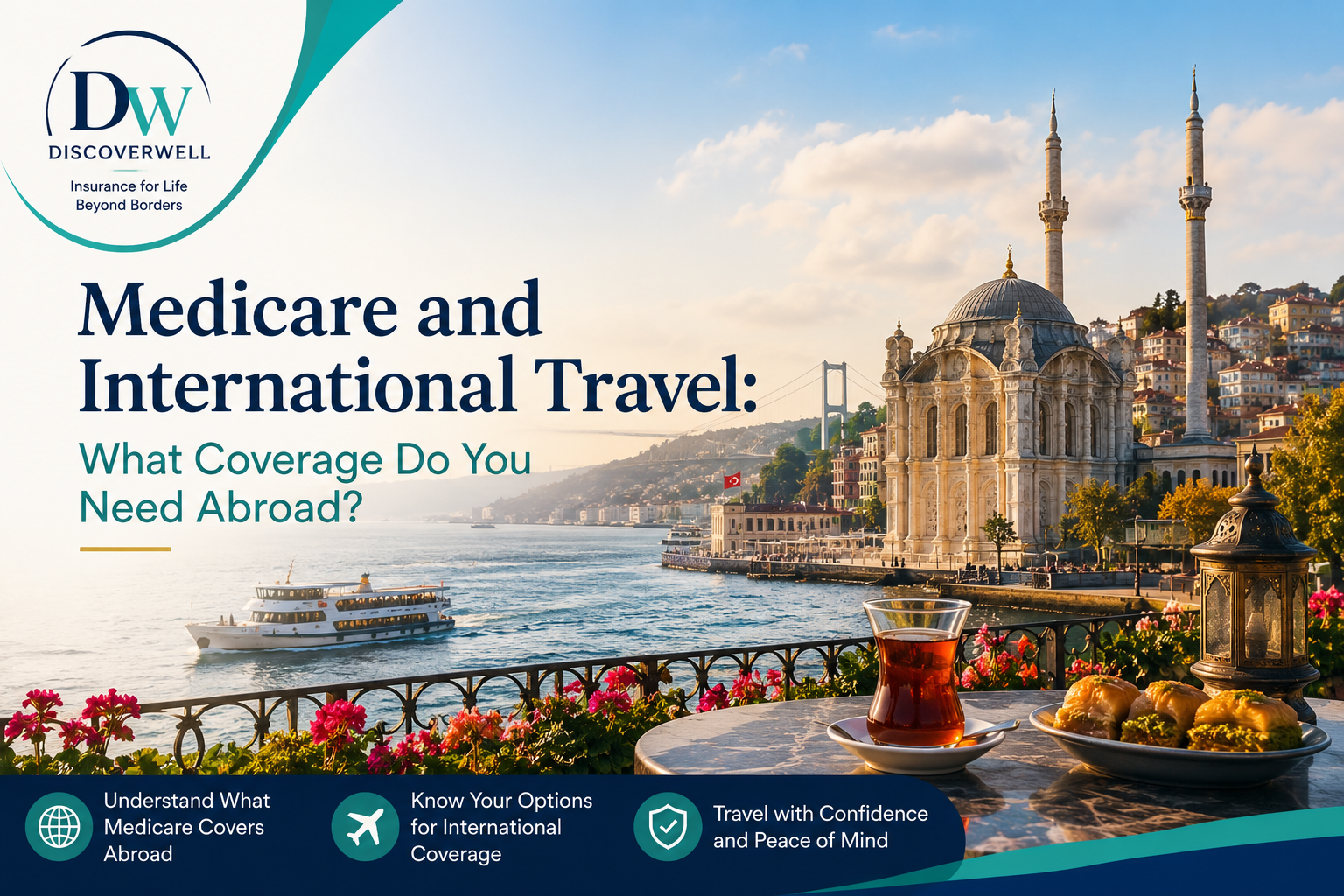 DiscoverWell banner promoting Medicare and international travel coverage with a coastal cityscape featuring a mosque, a boat on the water, and a tea service on a balcony table.